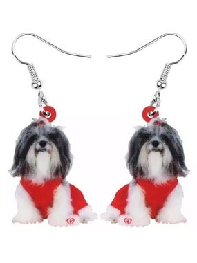 Shih Tzu Acrylic Dangle Earrings Christmas Holiday Dog French Hook Lightweight